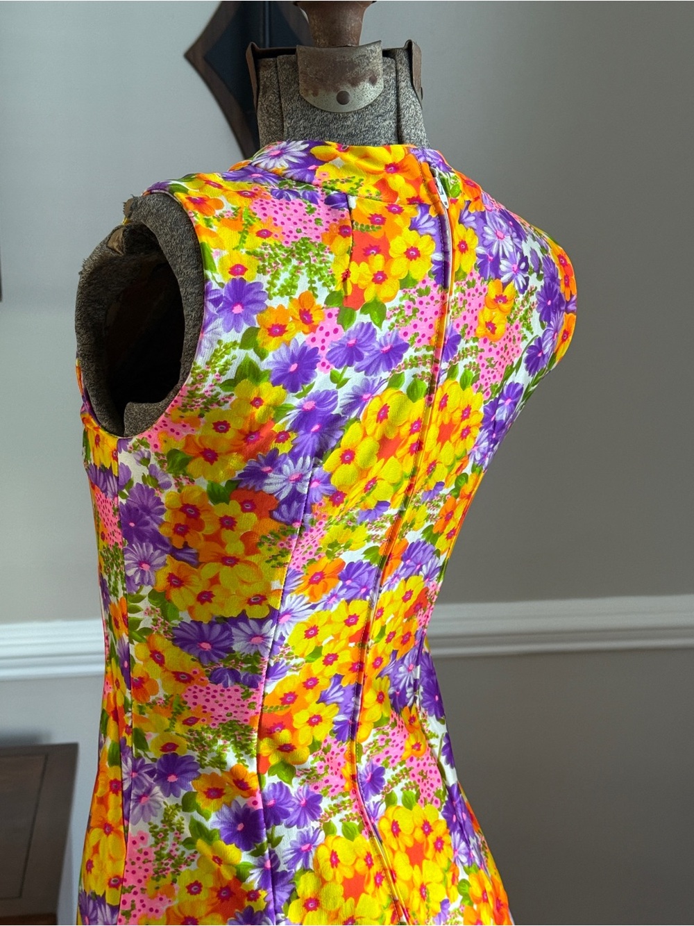 Vtg OOAK 60s/70s Mod Floral Daisy Day Glo Handmade Maxi Dress Sz Sm - Picture 5 of 13